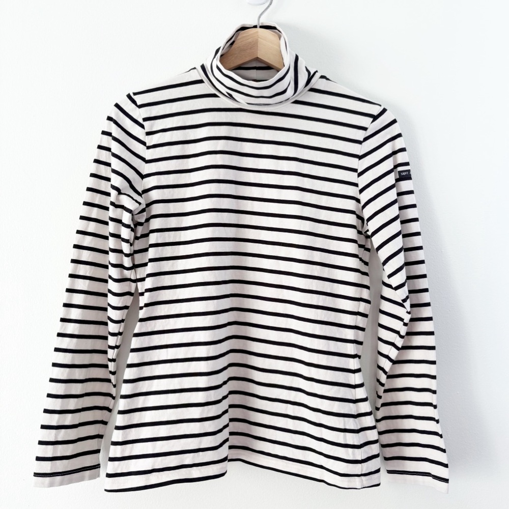 Saint James || Breton Stripe Turtleneck Long Sleeved Tee Top Black White XS
